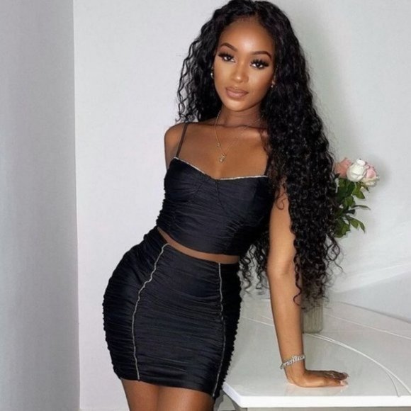 Black Sleeveless Ruched Crop Top and Ruched Bodycon Mini Skirt Two Piece Set - Picture 5 of 7